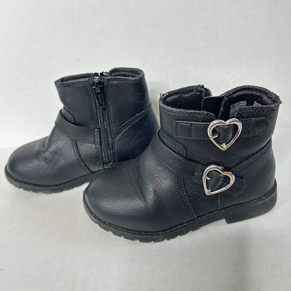 Black Silver Size 8 Kids Girls Lil Natalie Heart Buckled Moto Ankle Boot Bootie - Picture 3 of 11